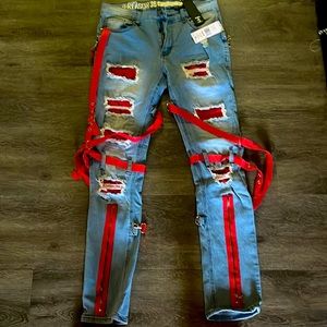 Red and denim Reason brand